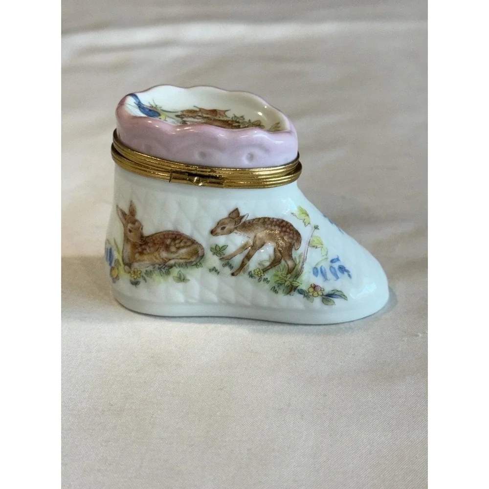 Limoges Fait Main France Trinket Box Porcelain Pink Bootie Bunny Deer Boot Shoe